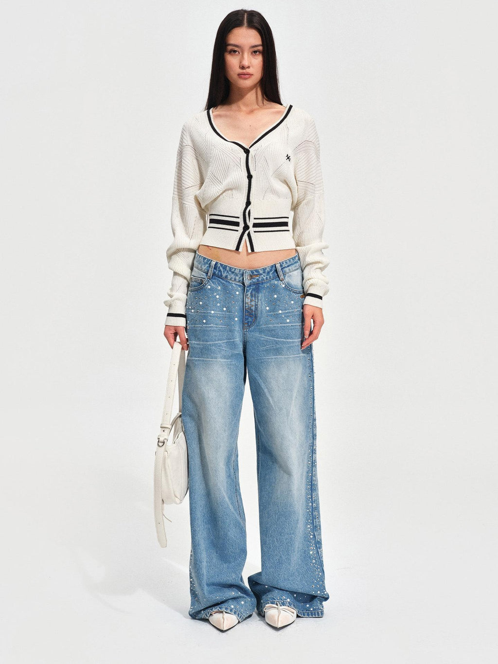 NAWSNOTAWEAR Rhinestone Embellished Vintage Low Waist Glacier Blue Wide Leg Jeans