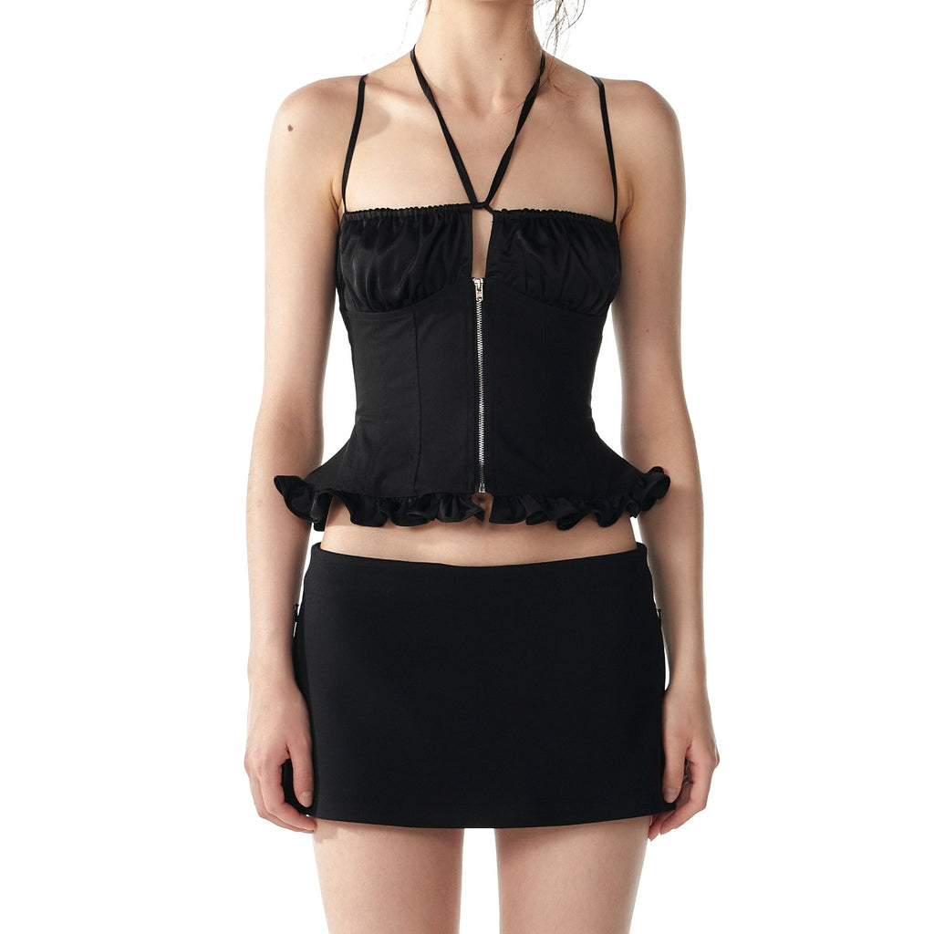 ALINNVSTUDIO_Front_Zipper_Original_Slim_Fit_Crop_Strap_Top_Black_Acetate_Camisoles_MISSTT