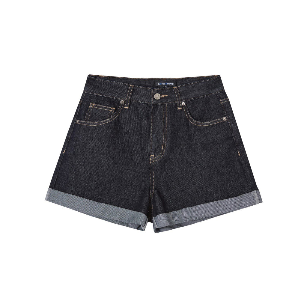 SOMESOWE_Minimalist_Straight_Natural_Waist_Button_Fly_Deep_Blue_Stretch_Denim_Shorts_MISSTT