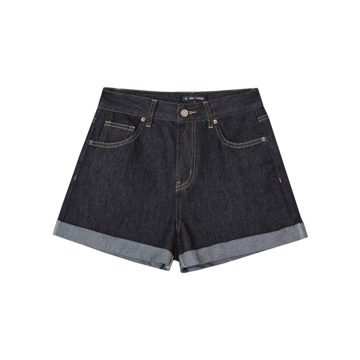 SOMESOWE_Minimalist_Straight_Natural_Waist_Button_Fly_Deep_Blue_Stretch_Denim_Shorts_MISSTT