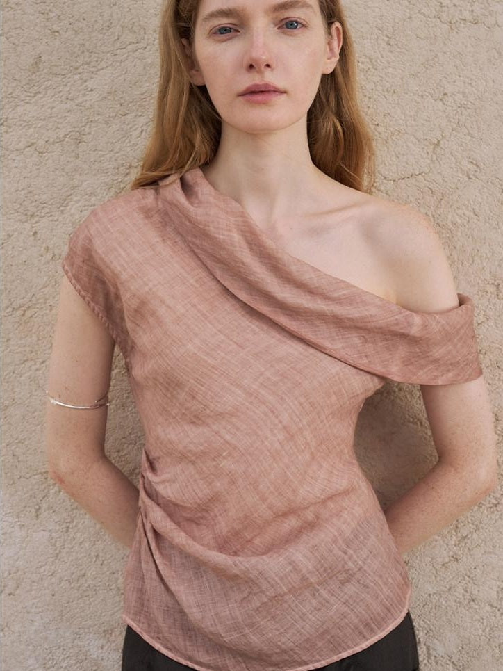 someonesometimes Antibacterial Uv Pure Ramie Pleated Slim One Shoulder Women Brick Pink Tank Tops