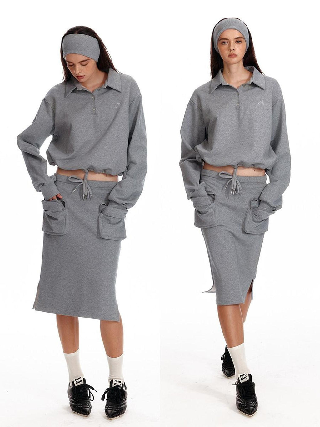 ALINNVSTUDIO Cropped Loose Fit Polo Collar Long Sleeve Commuter Solid Color Sweatshirt