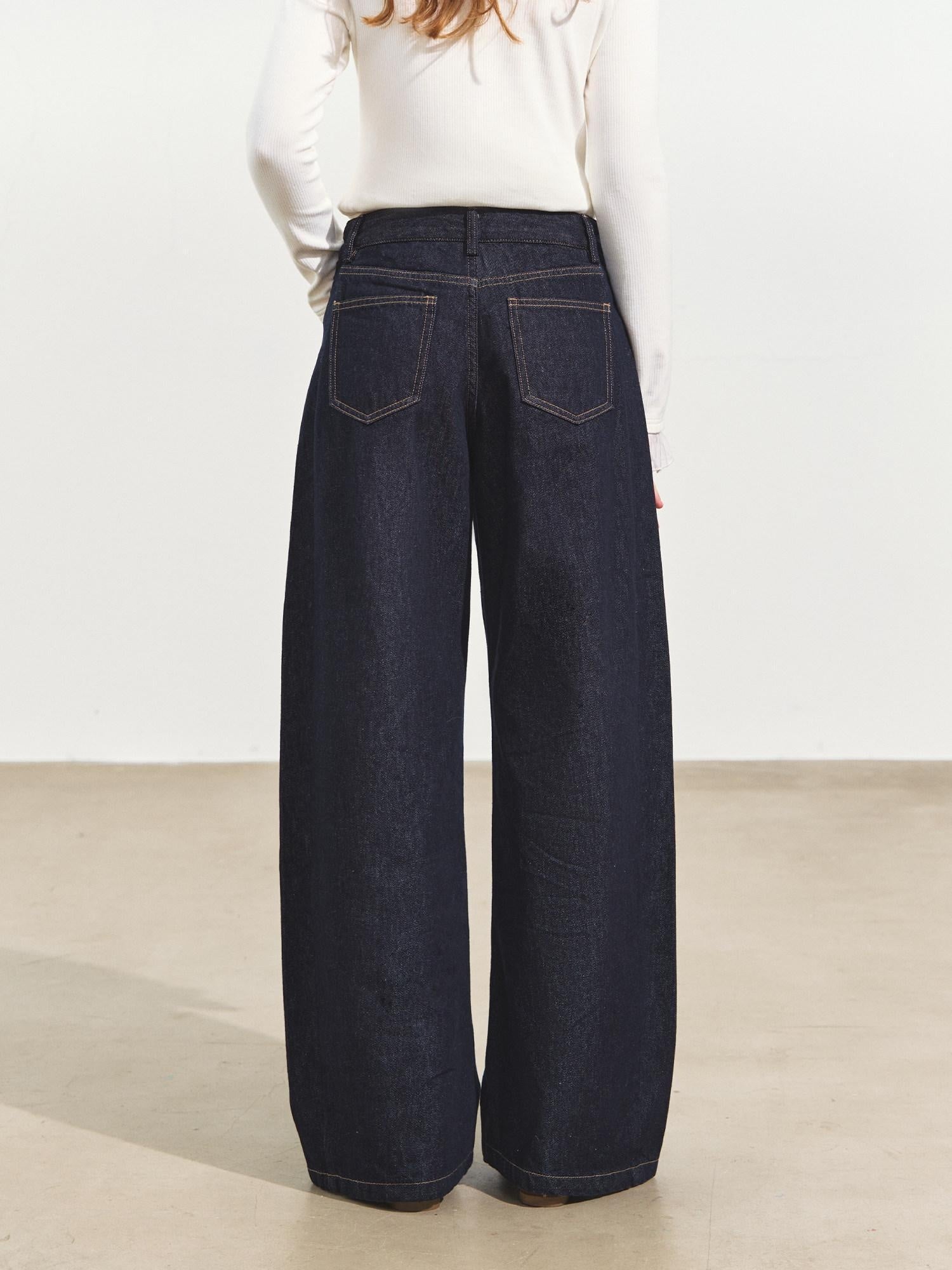 SOMESOWE Pleated Casual Natural Waist Loose Cotton Pocket Zip Blue Women Wide Leg Jeans