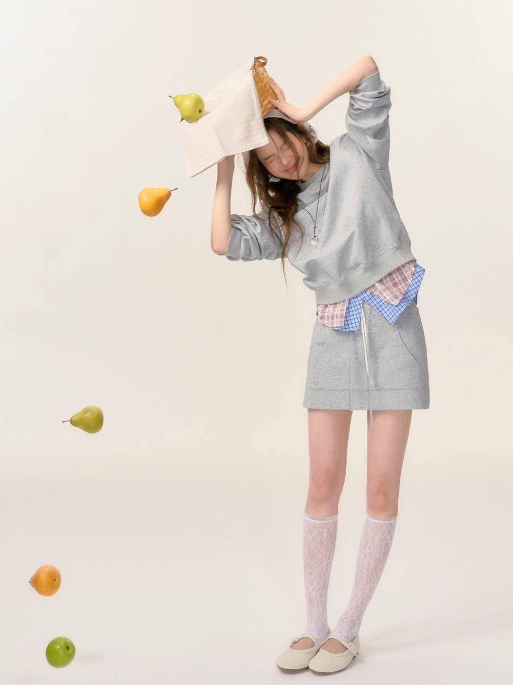 SOMESOWE Cotton Crew Long Sleeve Casual Mini Skirt Women Gray Navy Top & Skirt Sets