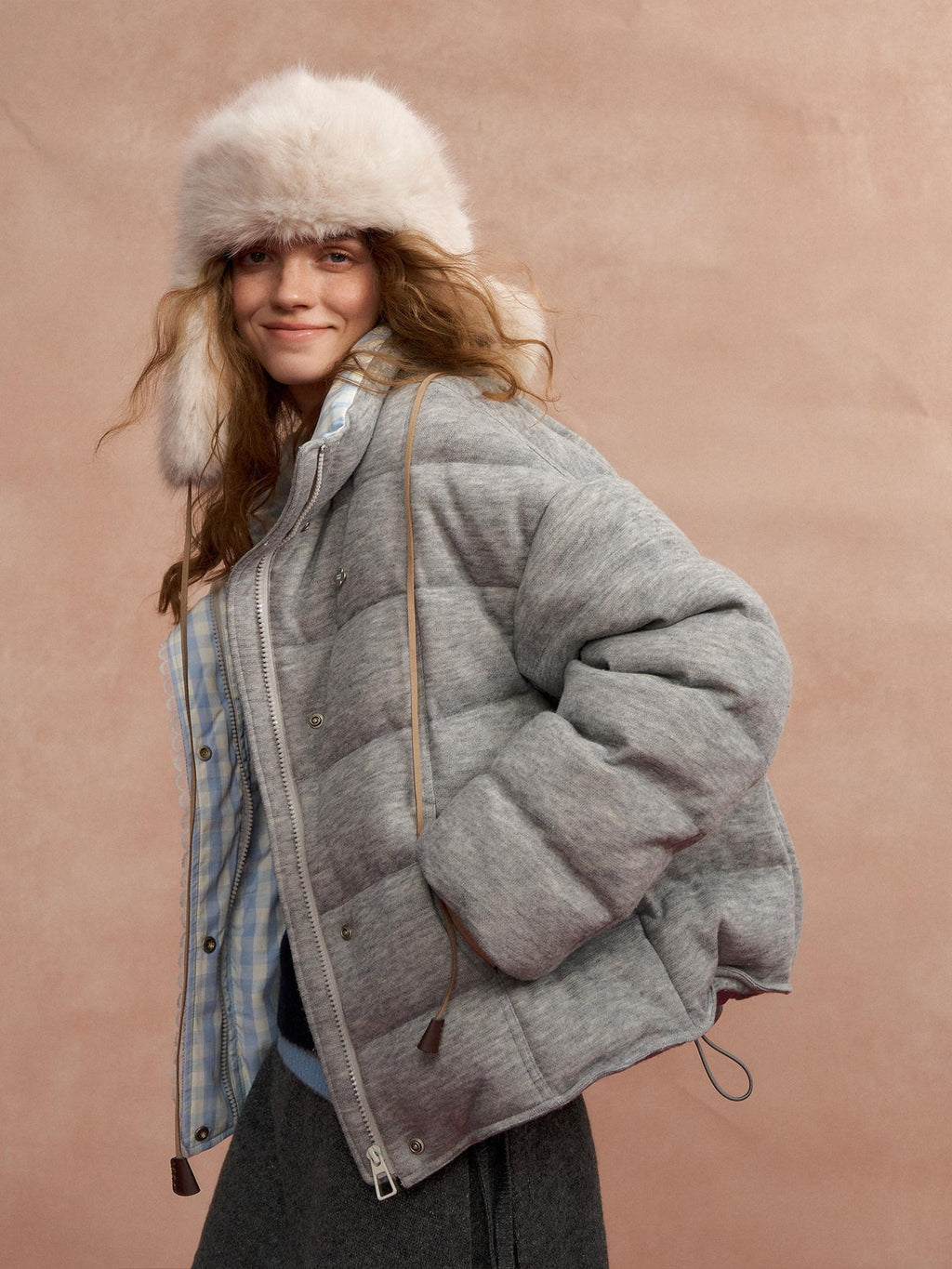 SOMESOWE Warm 90 Percent Duck Down Patchwork Plaid Lapel Zip Women Grey Down Jackets
