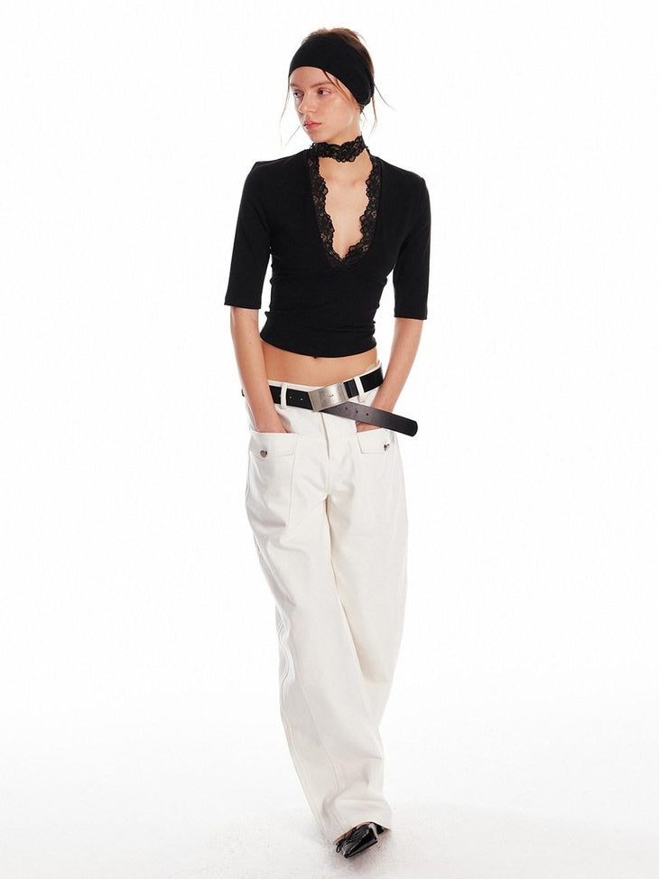 ALINNVSTUDIO Lace Trim V-neck Slim Fit Office Half Sleeve Solid Black White Basic Crop Tops