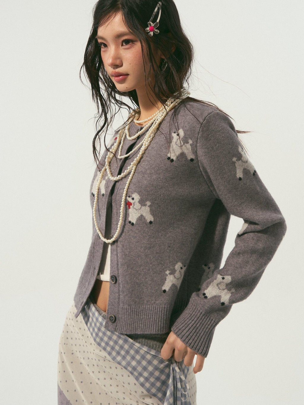 SOMESOWE Soft Acrylic Blend Animal Print Buttoned Crewneck Casual Women Grey Cardigans