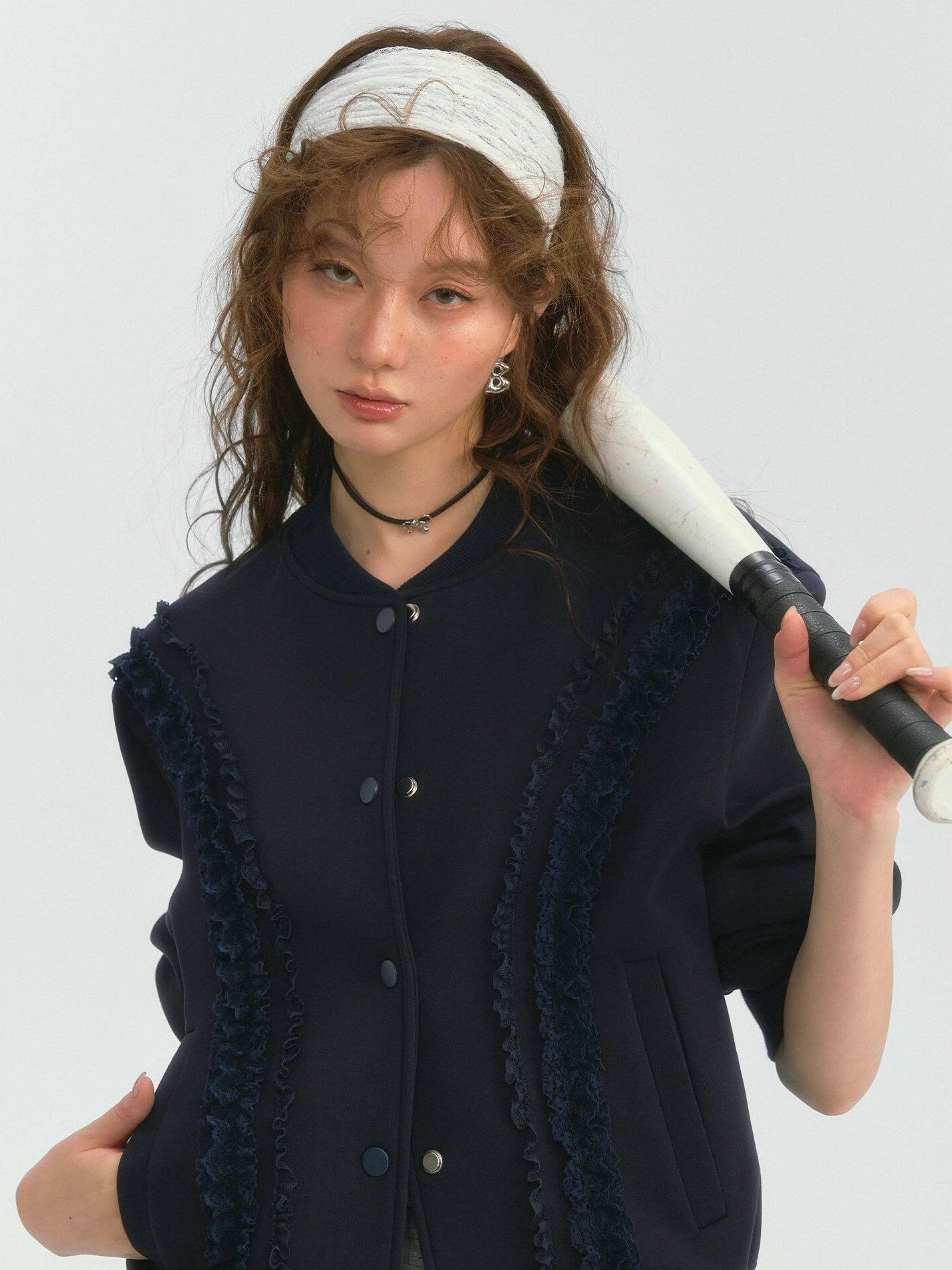 SOMESOWE Lace Trim Loose Fit Commuter Women Button Closure Navy Gray Bomber Jackets