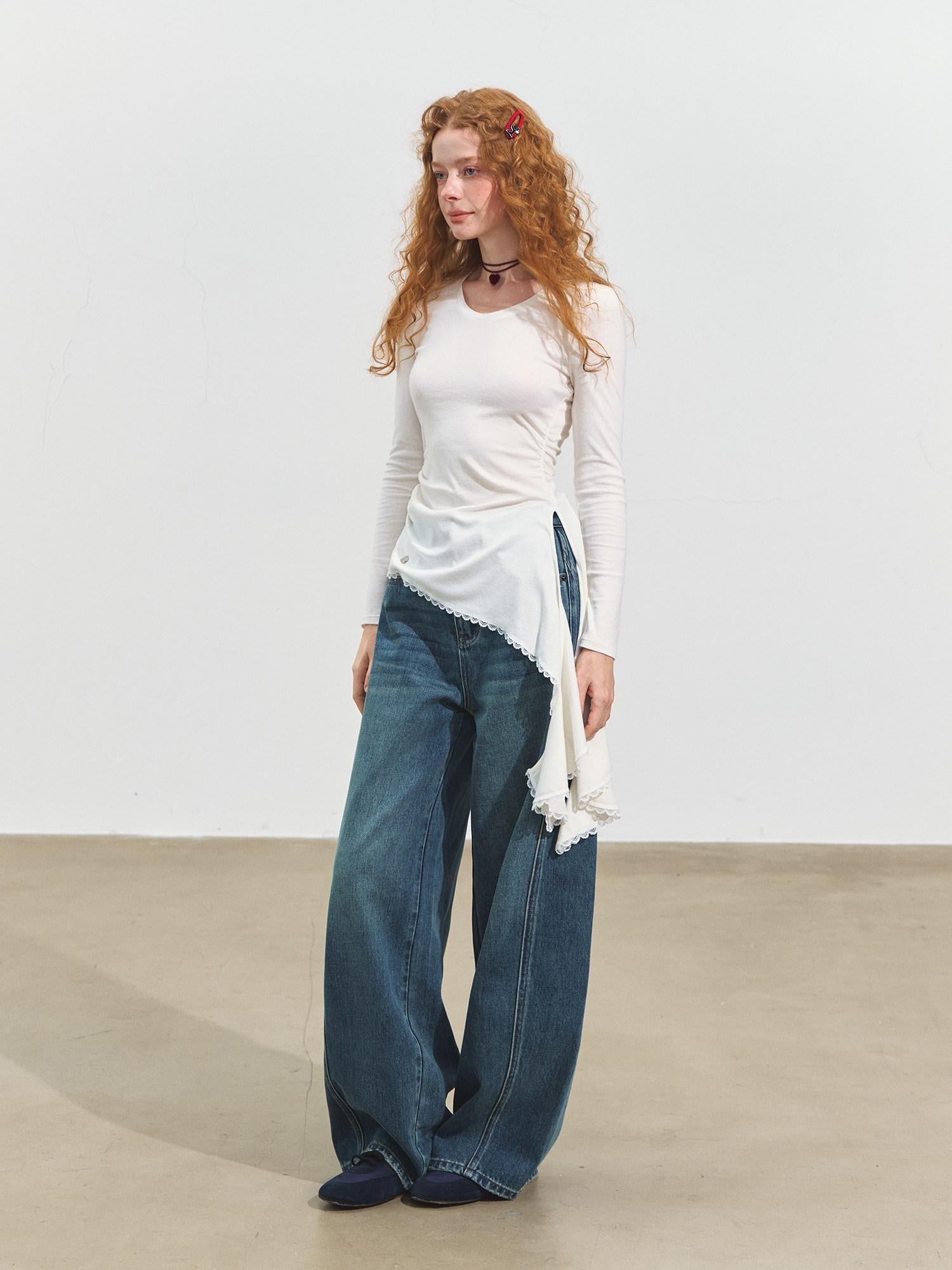 SOMESOWE Viscose Shirred Casual Loose Womens Round Neck White Long Sleeve T-Shirts