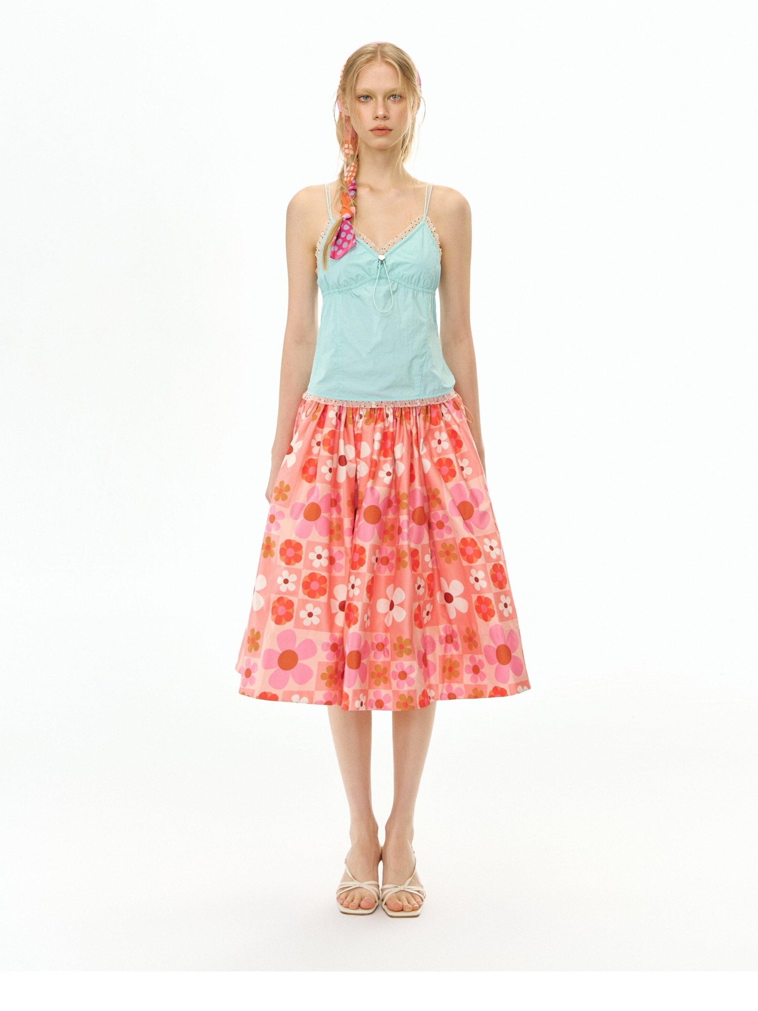 DeleteEx Flattering High Waist A Line Orange Red Floral Polyester Women Midi Skirts