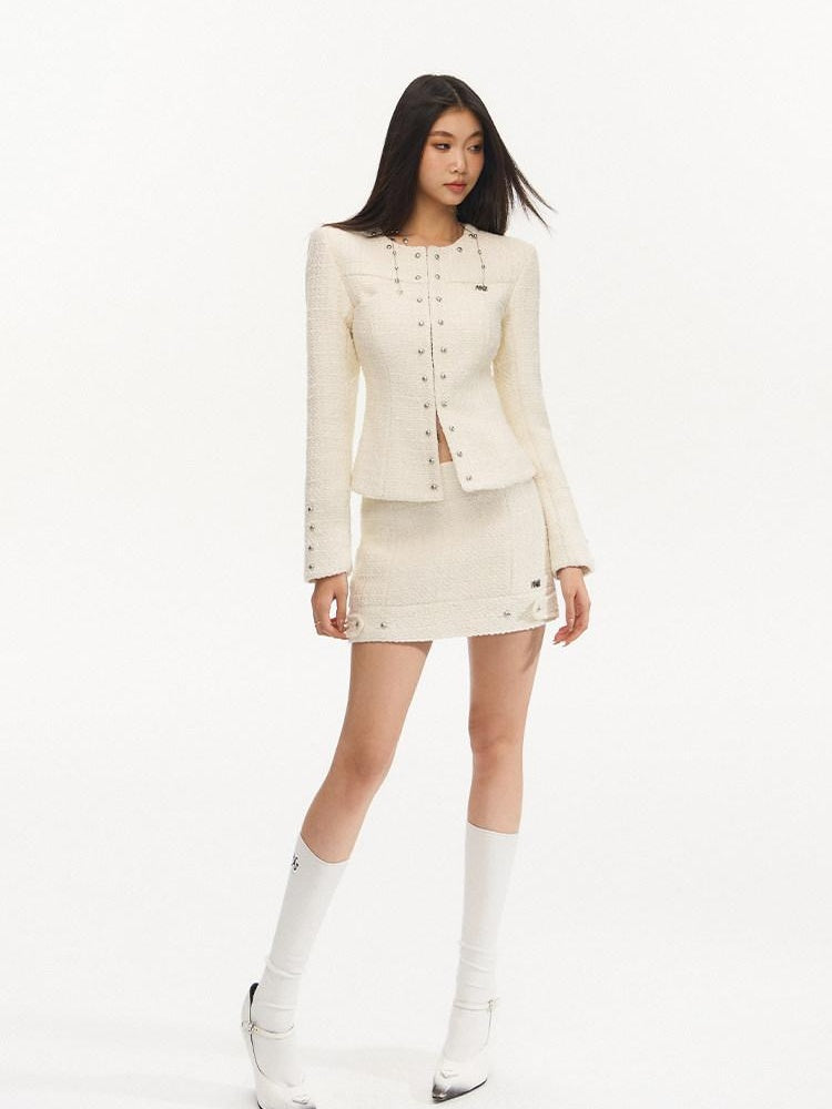 NAWSNOTAWEAR Wool Blend Two Piece Set Long Sleeve Round Neck Women Pearl White Mini Skirts