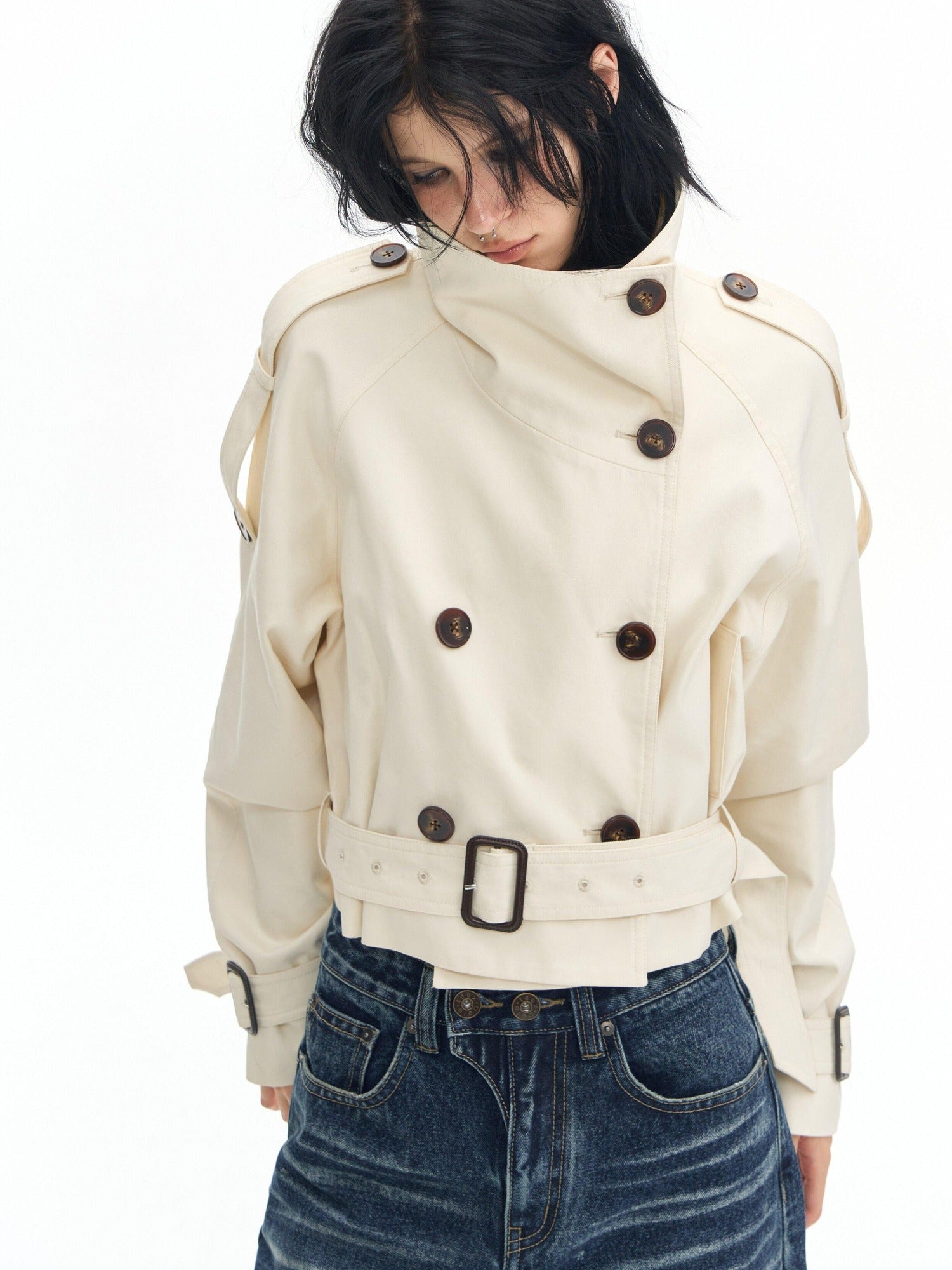DeleteEx Cotton Blend Stand Collar Short Double Breasted London Off White Trench Coats