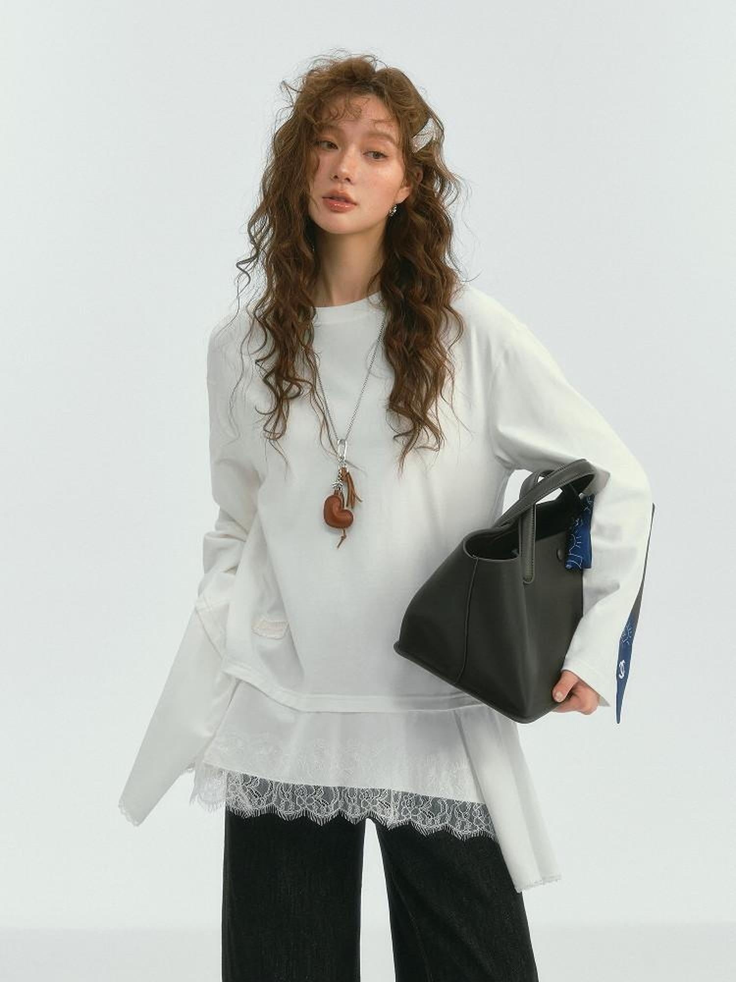 SOMESOWE Pu Spliced Details Loose Fit Office Workwear Women White Long Sleeve T-Shirts
