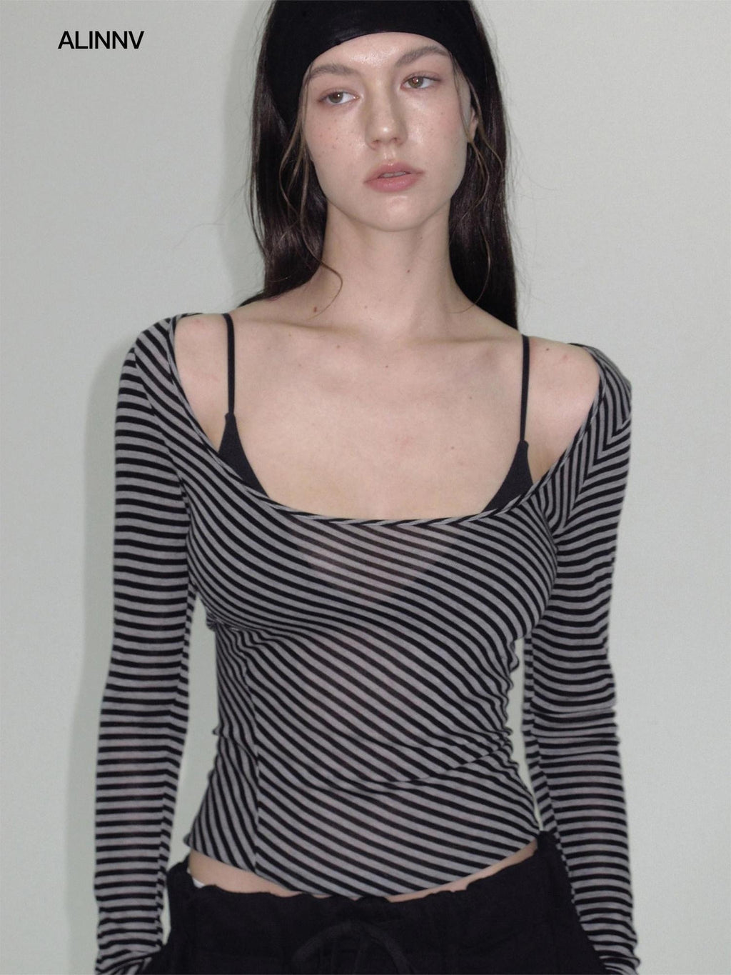 ALINNVSTUDIO Wool Blend Slim Fit Cropped Crewneck Striped Women Long Sleeve T-Shirts