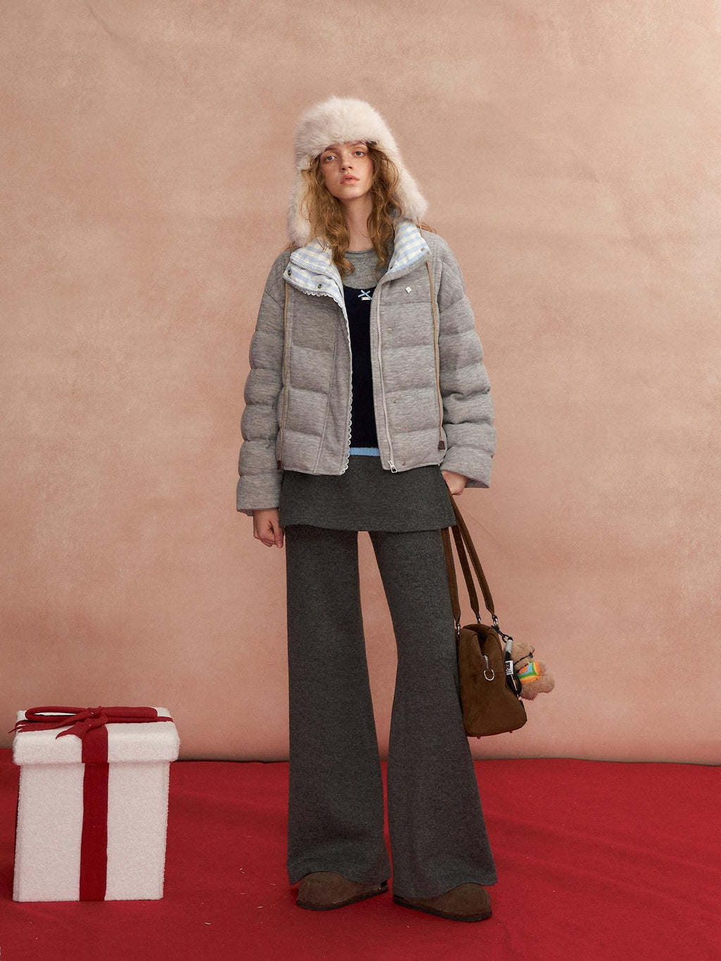 SOMESOWE Warm 90 Percent Duck Down Patchwork Plaid Lapel Zip Women Grey Down Jackets