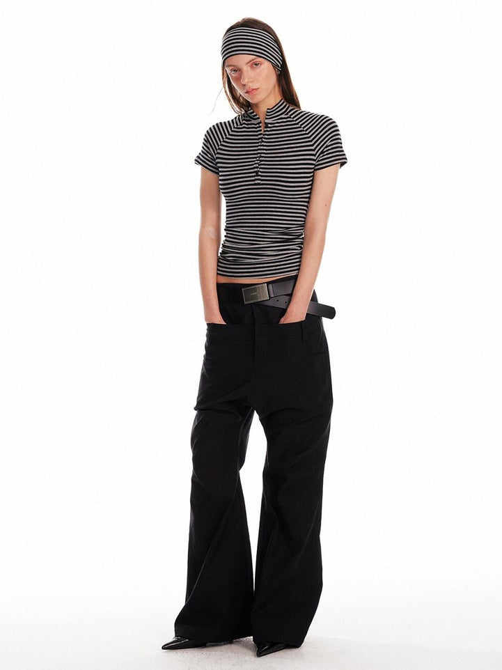 ALINNVSTUDIO Creative Patchwork Slim Fit Cropped Crewneck Striped Gray Short Sleeve T-Shirts
