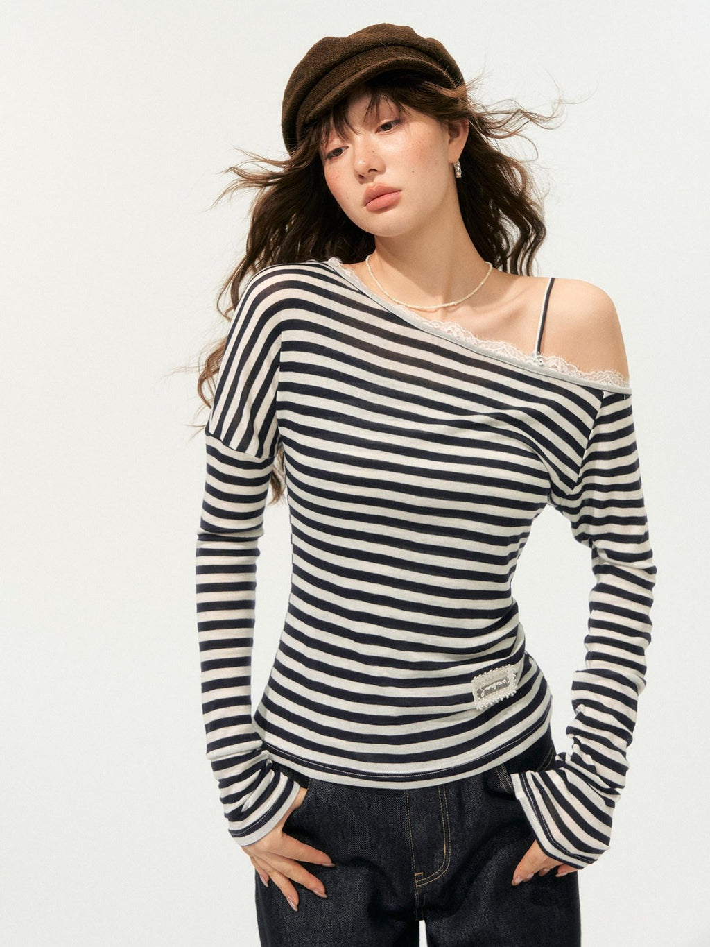 SOMESOWE Lyocell Blend Oversized Commuter Creative Navy Striped Women Long Sleeve T-Shirts