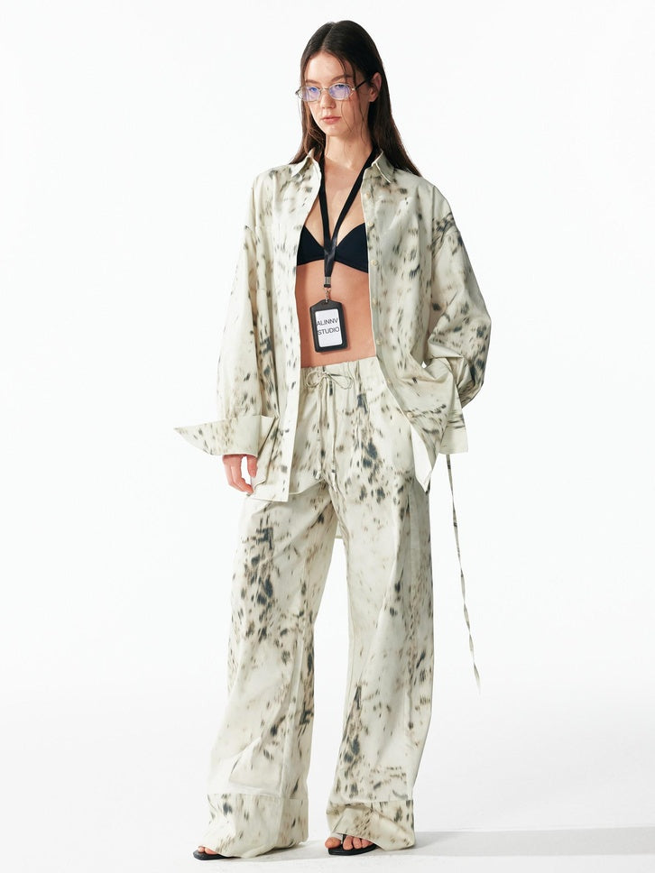 ALINNVSTUDIO Leopard Print Tie Waist Loose Fit Casual Lapel Women Top & Pants Sets