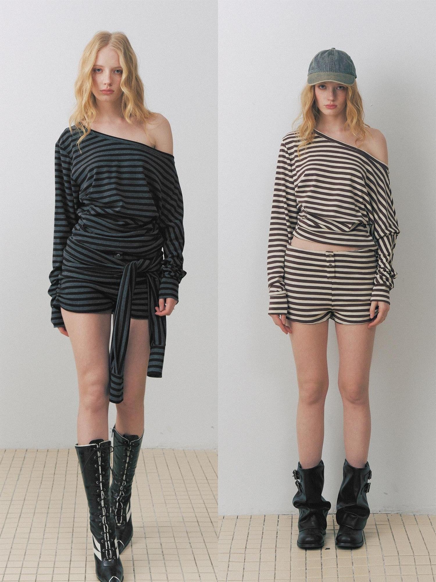 DeleteEx Ruched Asymmetric Off Shoulder Loose Casual Striped Womens Long Sleeve Crop Tops