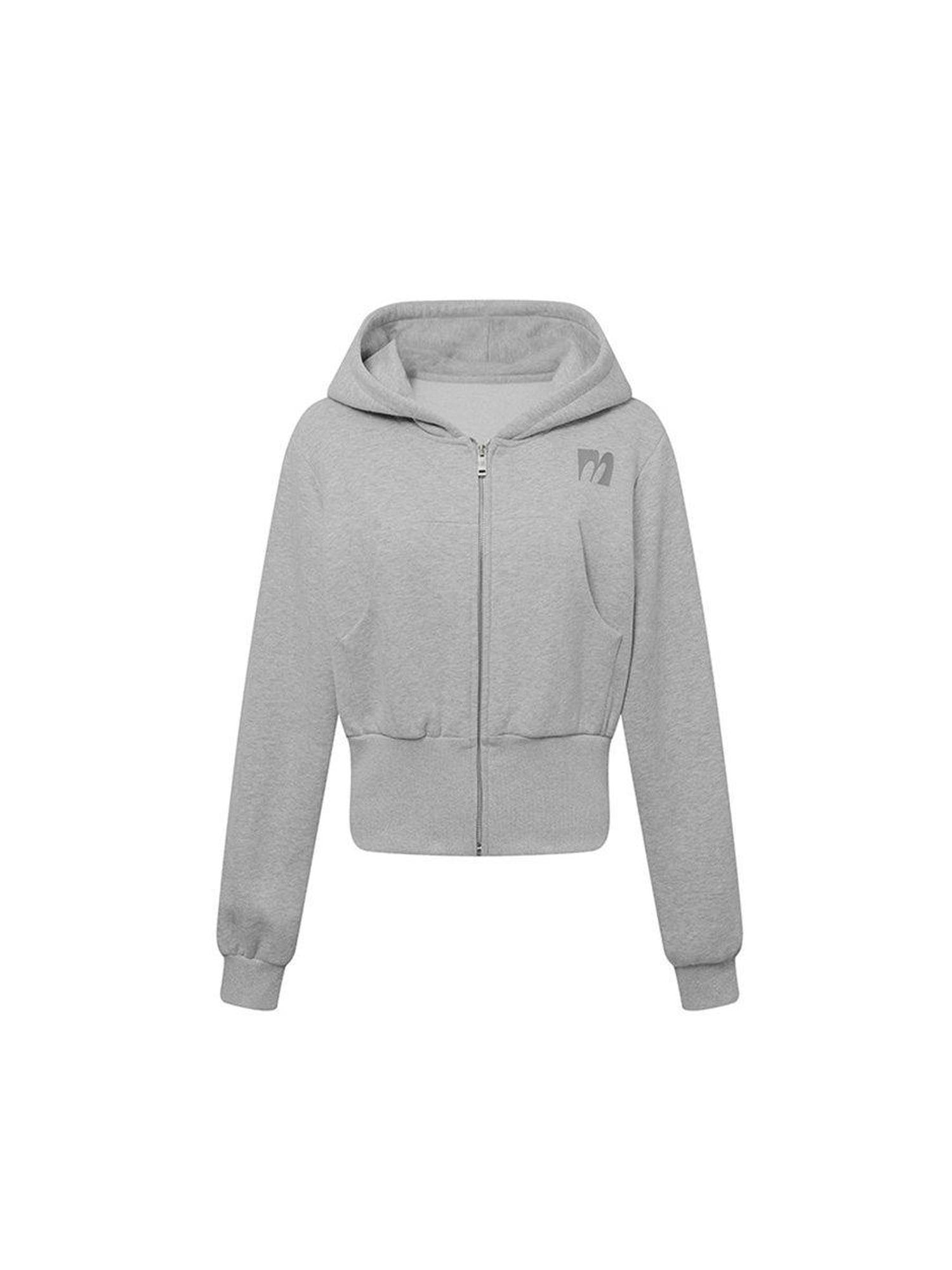 DeleteEx Soft Cotton Blend Zip Up Slim Cropped Street Style Women Solid Grey Blue Hoodie