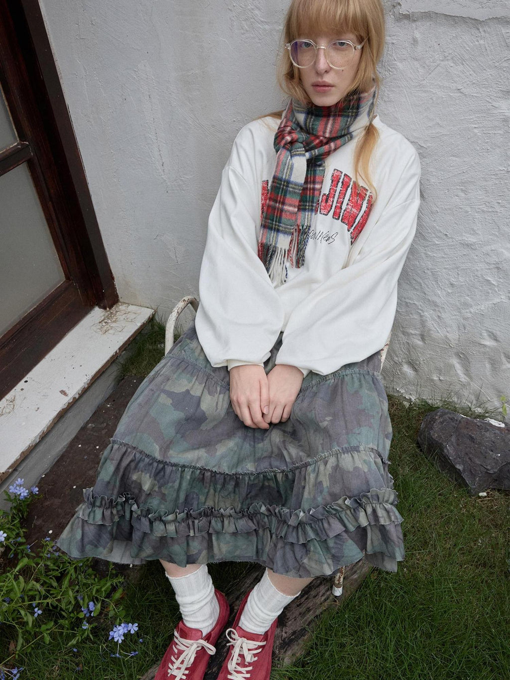 1JINN STUDIO Soft Lyocell Shirred Tiered Casual Women Camouflage Green Midi Skirts