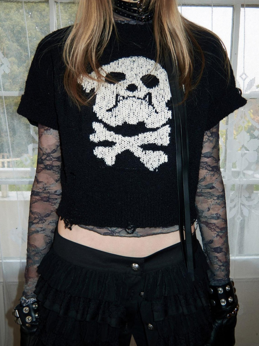 1JINN STUDIO Skull Graphic Punk Fitted Crew Neck Women Cotton Short Sleeve Basic Crop Tops