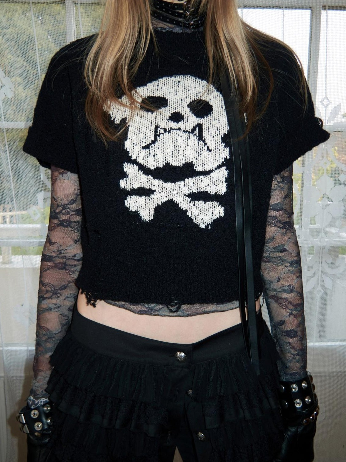 1JINN STUDIO Skull Graphic Punk Fitted Crew Neck Women Cotton Short Sleeve Basic Crop Tops