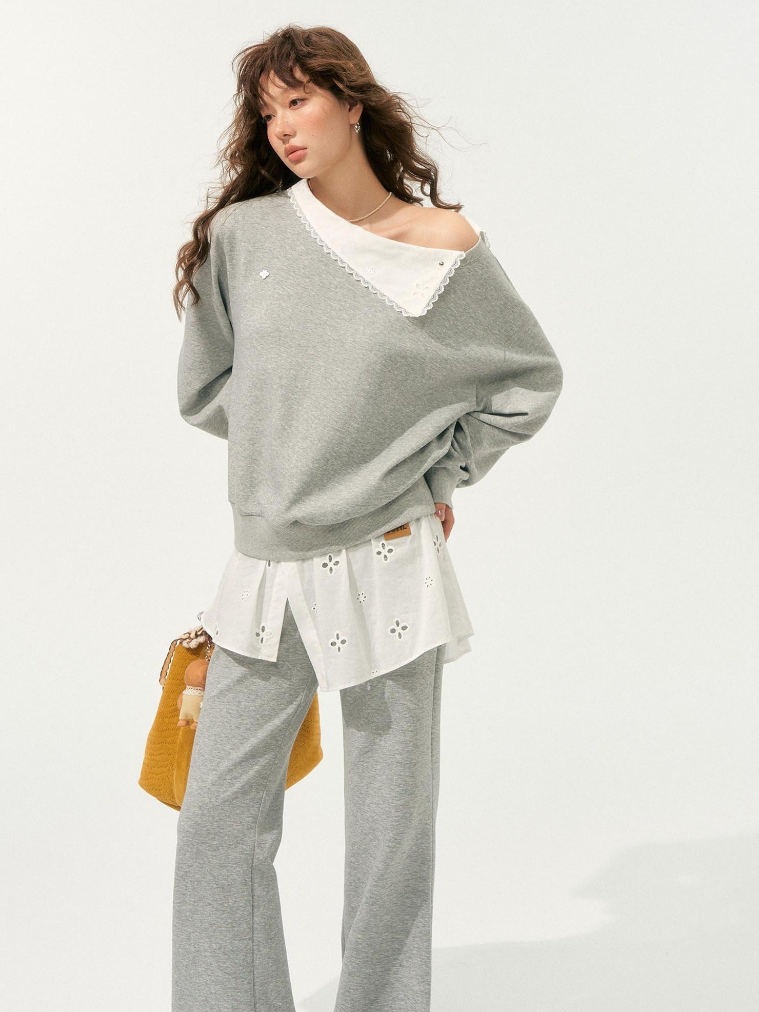 SOMESOWE Patchwork Cropped Oversized Collared Sweatshirt Heather Grey Top & Pants Sets