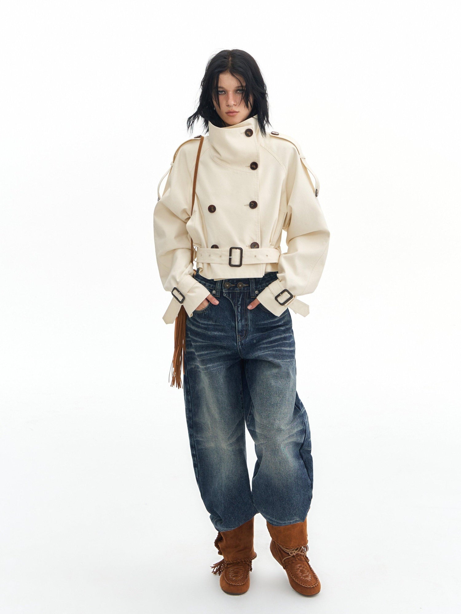 DeleteEx Cotton Blend Stand Collar Short Double Breasted London Off White Trench Coats