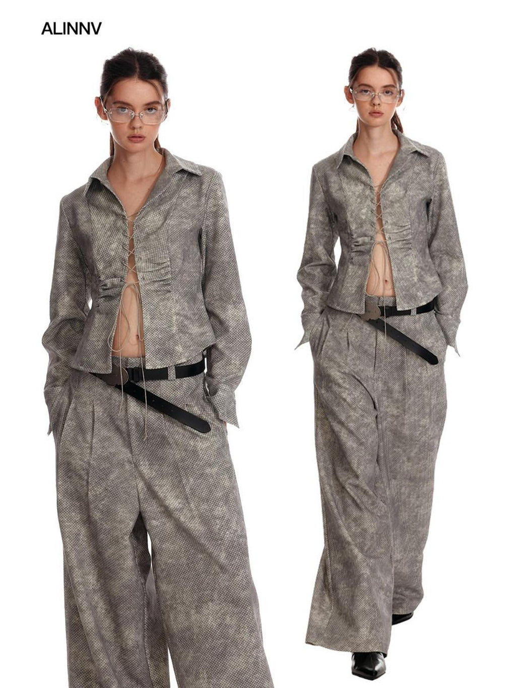 ALINNVSTUDIO Button Down Collar Long Sleeve Tailored Long Pants Youth Top & Pants Sets