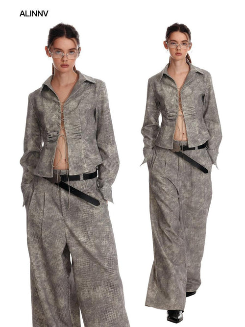 ALINNVSTUDIO Button Down Collar Long Sleeve Tailored Long Pants Youth Top & Pants Sets
