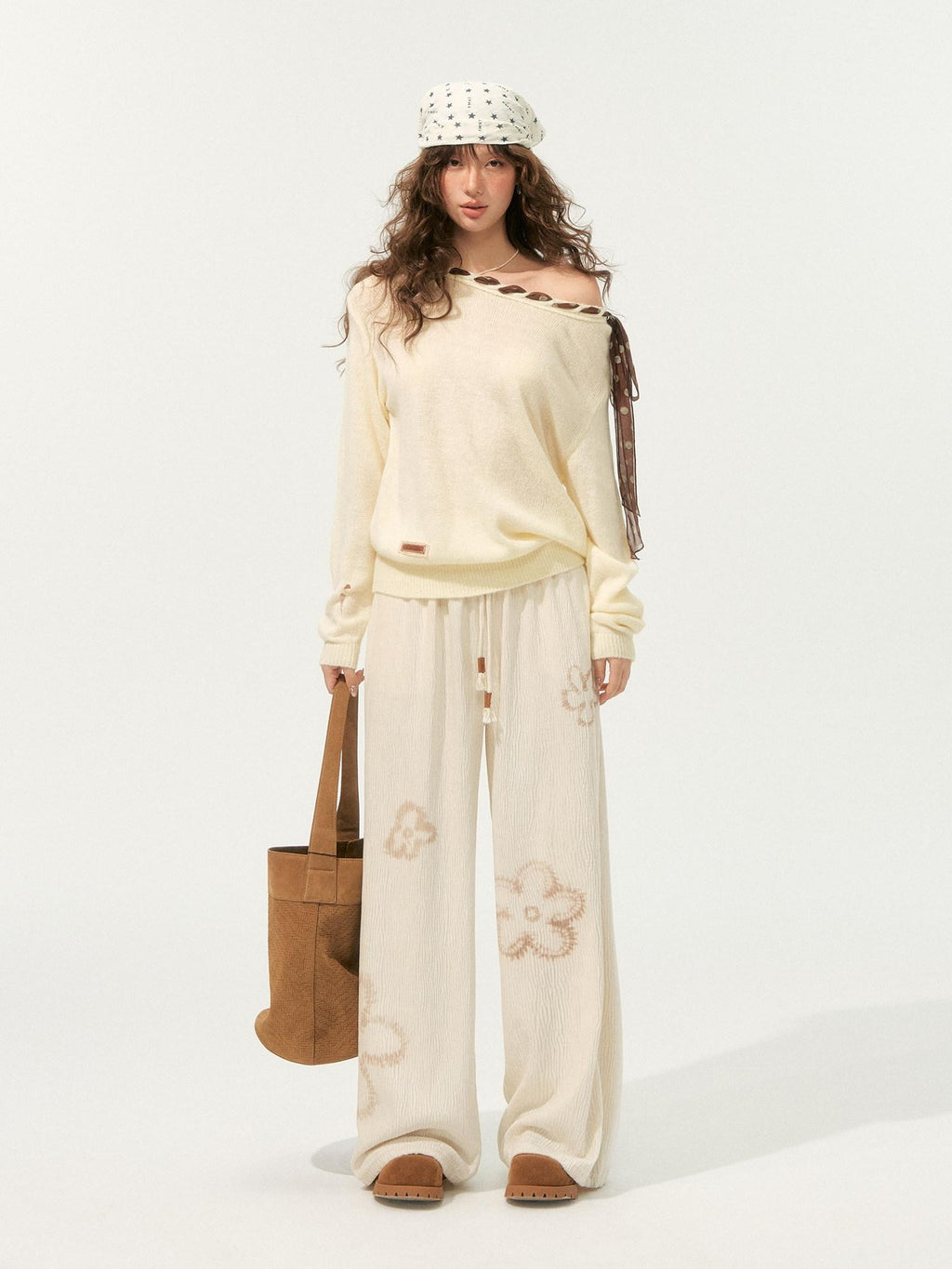 SOMESOWE Pleated Floral Pocket Loose Beige Womens Polyester Wide Leg Pants