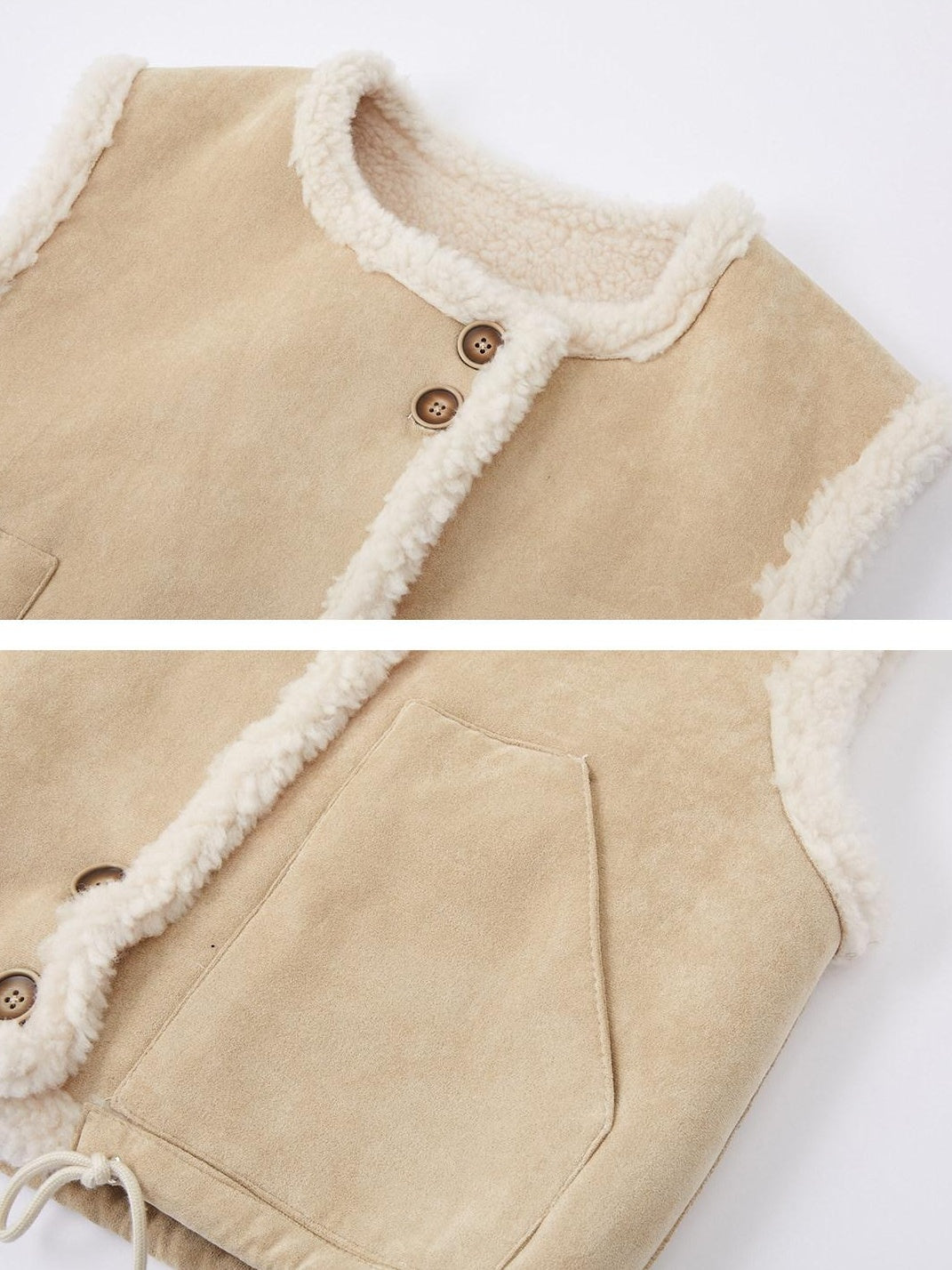 SOMESOWE Warm Versatile Beige Vest Round Neck Single Button Outerwear Leather Jackets