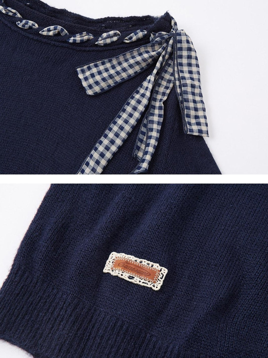 SOMESOWE Acrylic Plaid Drawstring Bow Casual Loose Fit Crew Neck Women Daily Sweaters