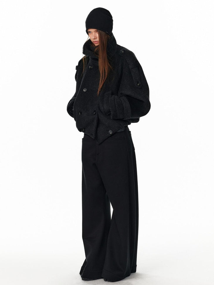ALINNVSTUDIO Double Breasted Short Loose Lapel Commuter Women Thick Black Gray Wool Coats
