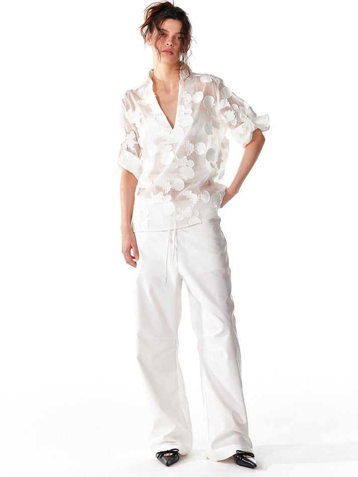 ALINNVSTUDIO Original Design Loose V-neck Short Sleeve Button Front Women Solid White Blouses