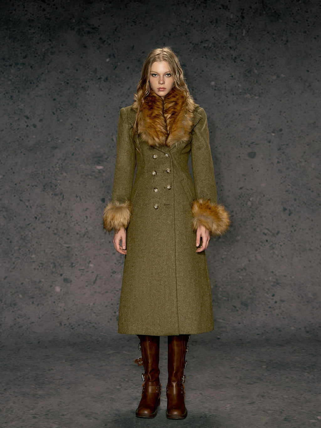 DeleteEx Wool Blend Vintage Commuter Double Breasted Midlength Yellow Green Wool Coats