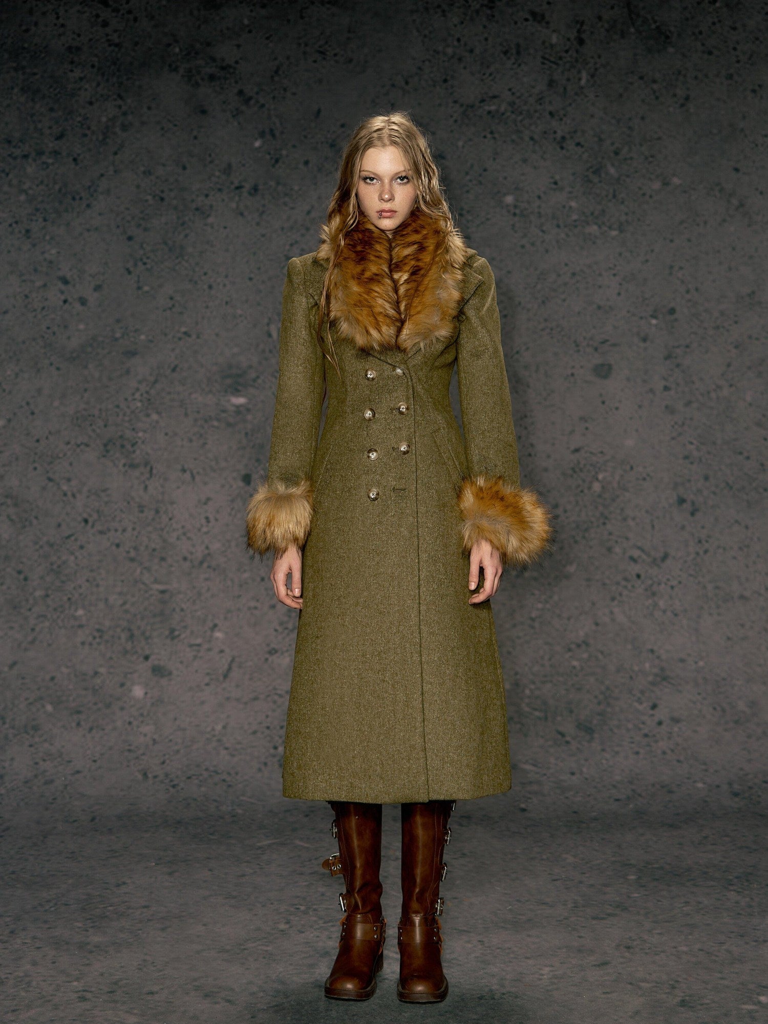 DeleteEx Wool Blend Vintage Commuter Double Breasted Midlength Yellow Green Wool Coats