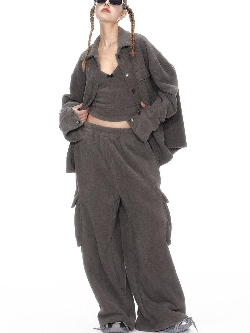 ALINNVSTUDIO Layered Jacket Vest Pants Slim Youth Grey Black Two Tone Top & Pants Sets