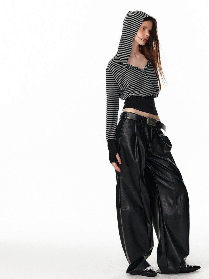 ALINNVSTUDIO Pu Leather Utility Natural Waist Curved Seam Black Women Wide Leg Pants