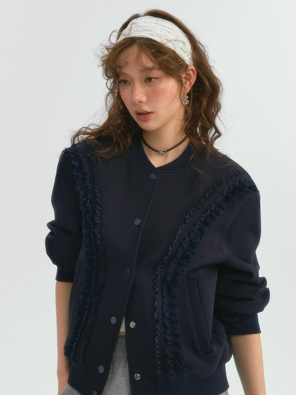 SOMESOWE Lace Trim Loose Fit Commuter Women Button Closure Navy Gray Bomber Jackets