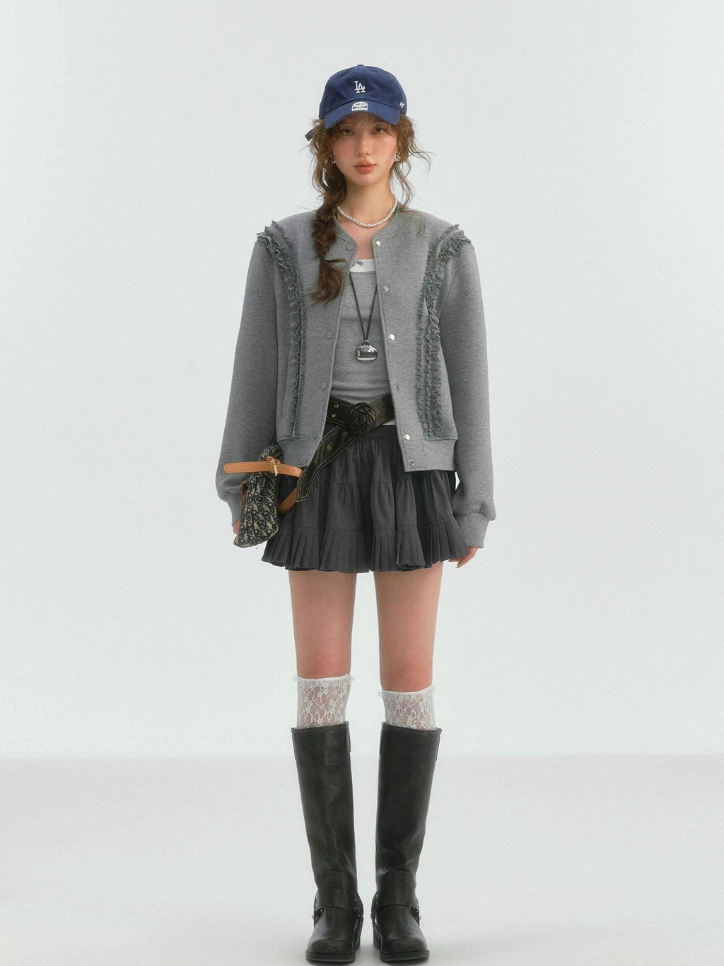 SOMESOWE Lace Trim Loose Fit Commuter Women Button Closure Navy Gray Bomber Jackets