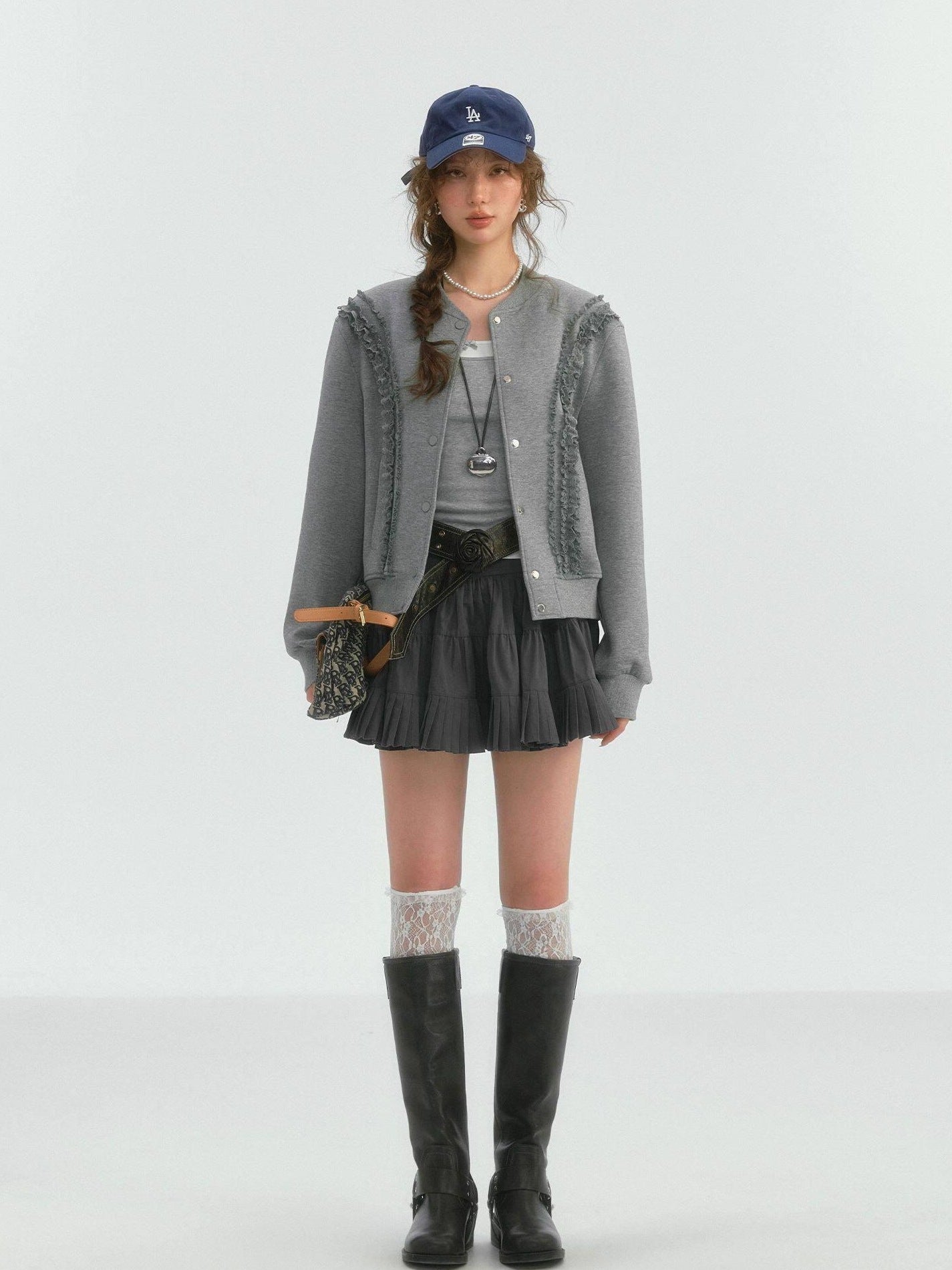 SOMESOWE Lace Trim Loose Fit Commuter Women Button Closure Navy Gray Bomber Jackets