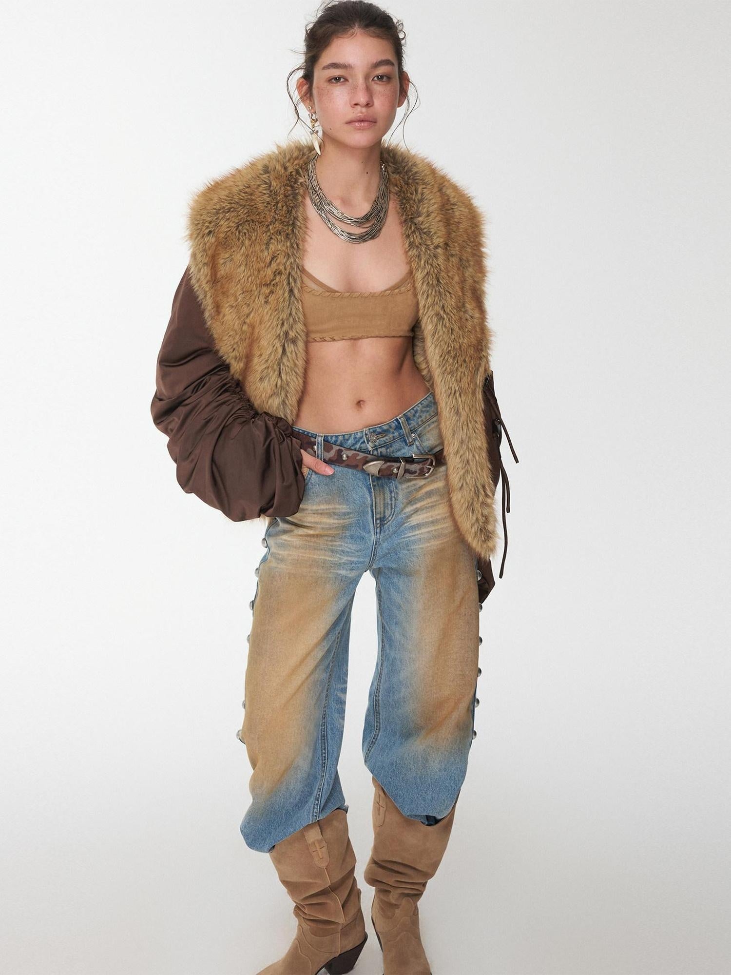 1JINN STUDIO Versatile Brown Utility Turn Down Collar Women Casual Outerwear Bomber Jackets