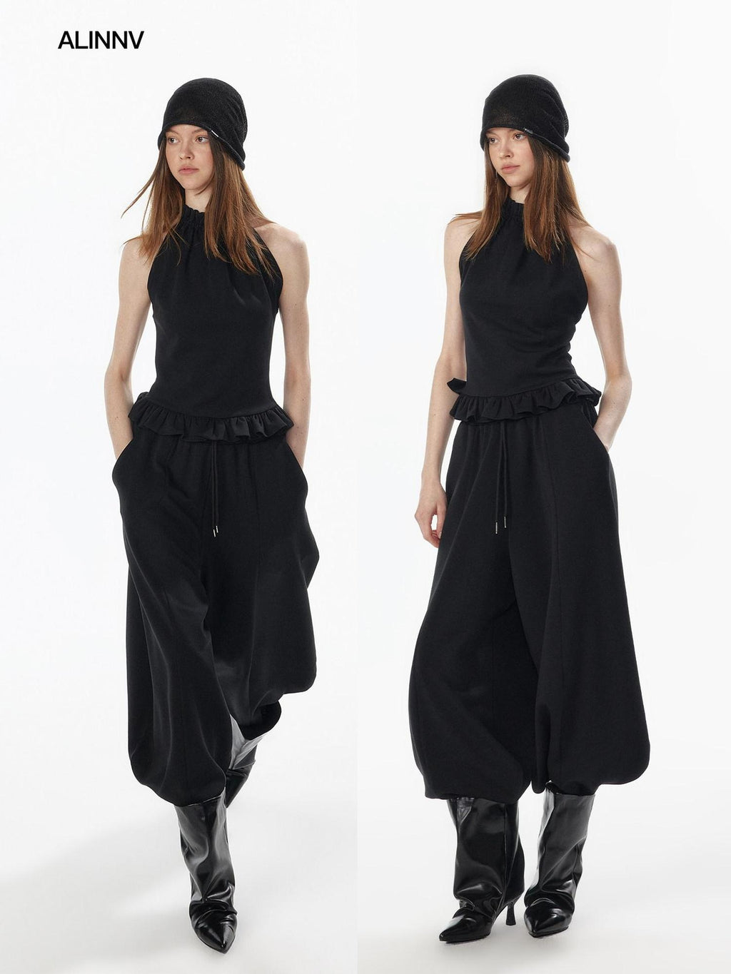 ALINNVSTUDIO Ruffle Trim Cropped Fitted Waist Halter Mock Neck Women Modal Blend Tank Tops