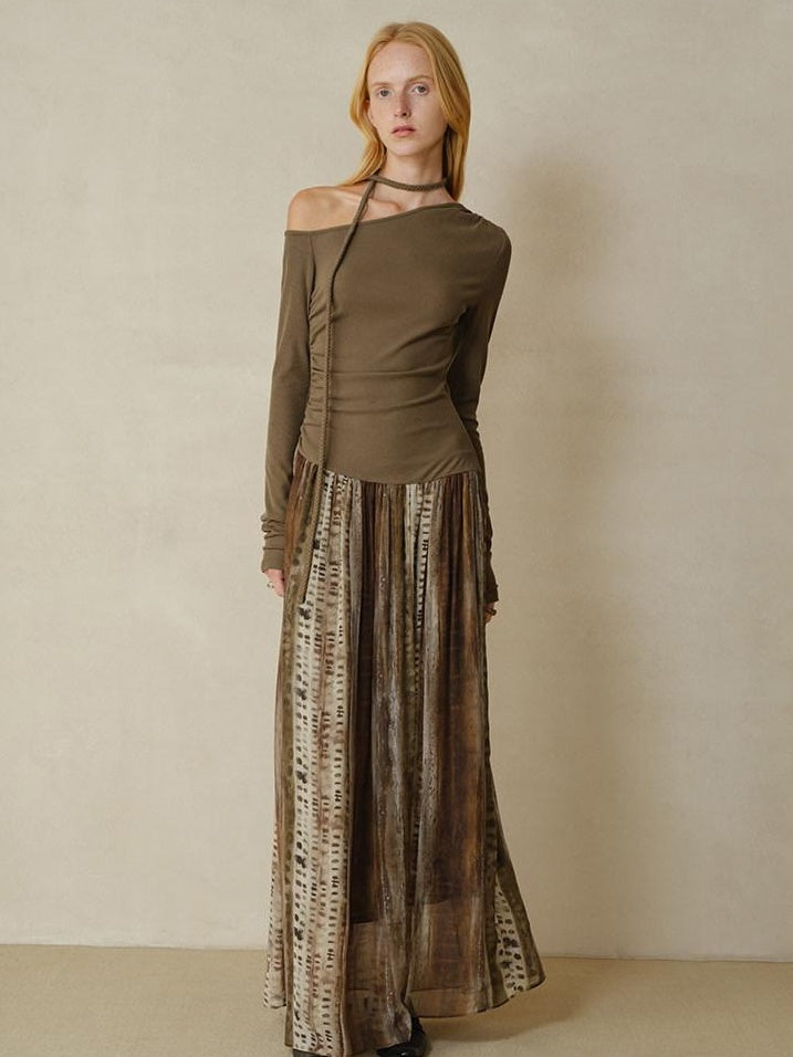 someonesometimes Chiffon Ruched Oil Painting Ombre One Shoulder V-neck A Line Girls Maxi Dresses