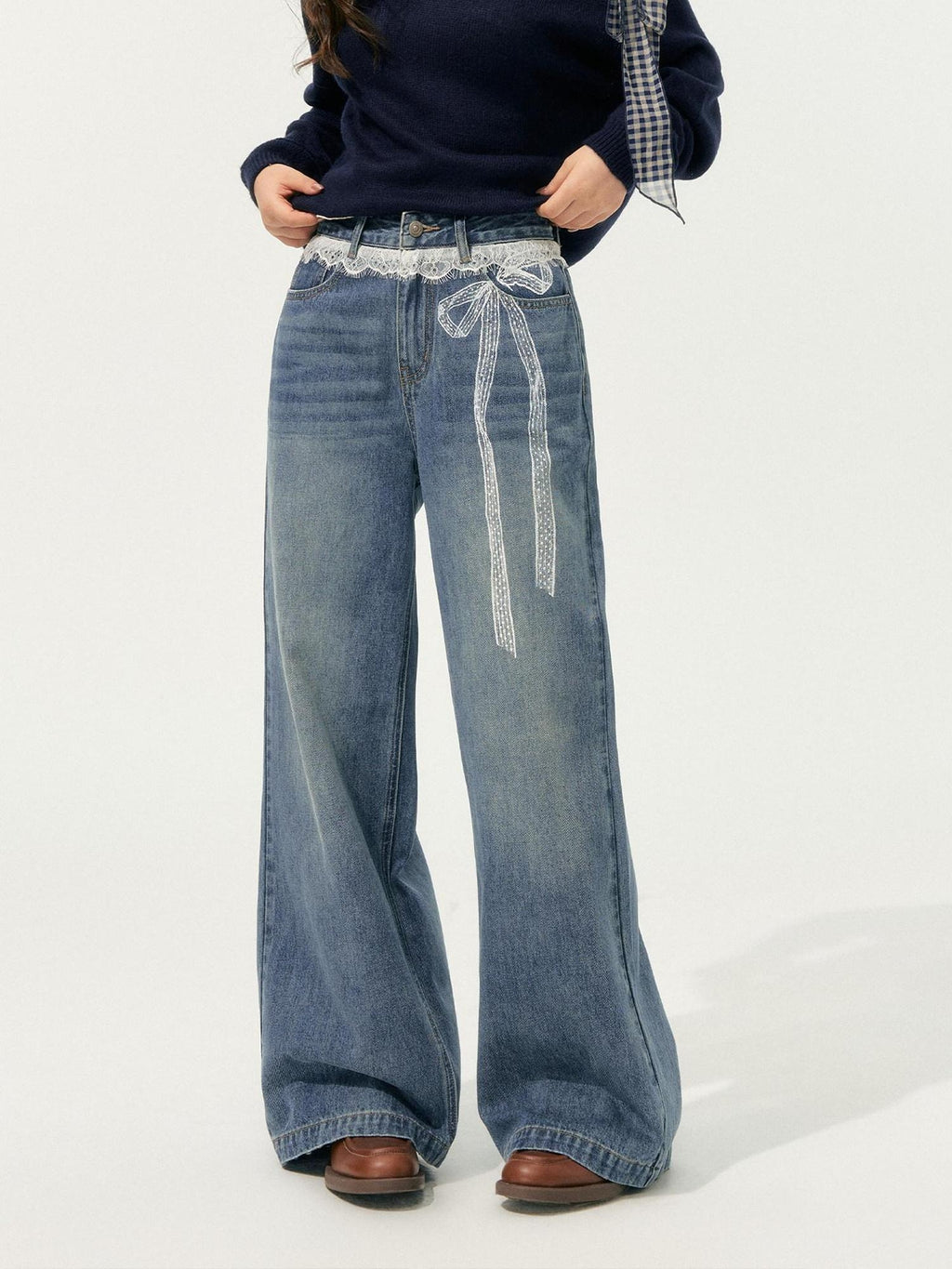 SOMESOWE Slight Stretch Cotton Natural Waist Hot Girl Straight Blue Button Wide Leg Jeans