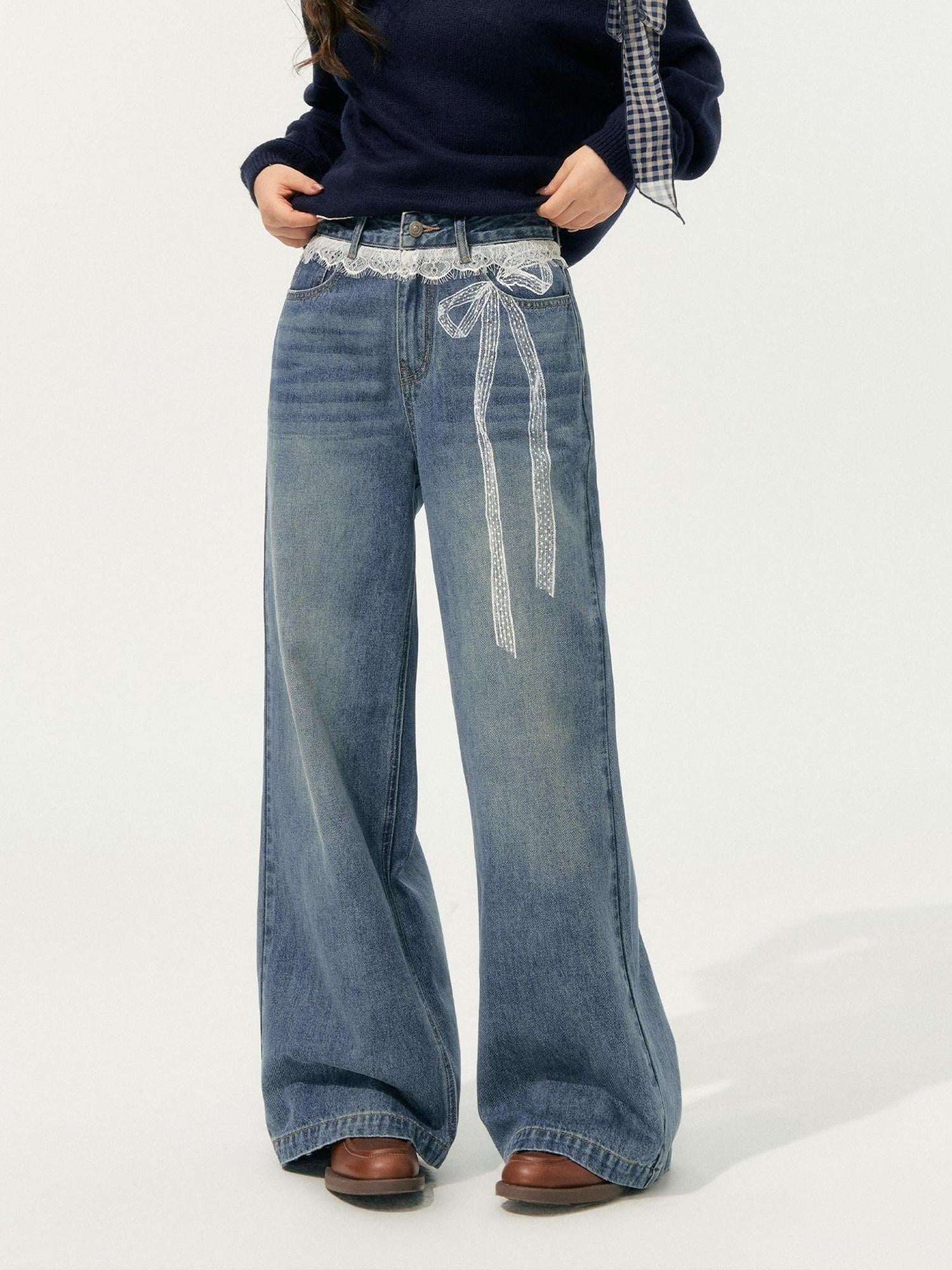 SOMESOWE Slight Stretch Cotton Natural Waist Hot Girl Straight Blue Button Wide Leg Jeans