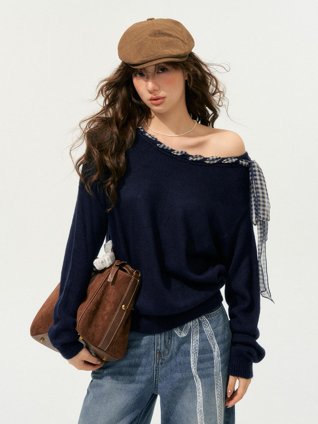 SOMESOWE Acrylic Plaid Drawstring Bow Casual Loose Fit Crew Neck Women Daily Sweaters