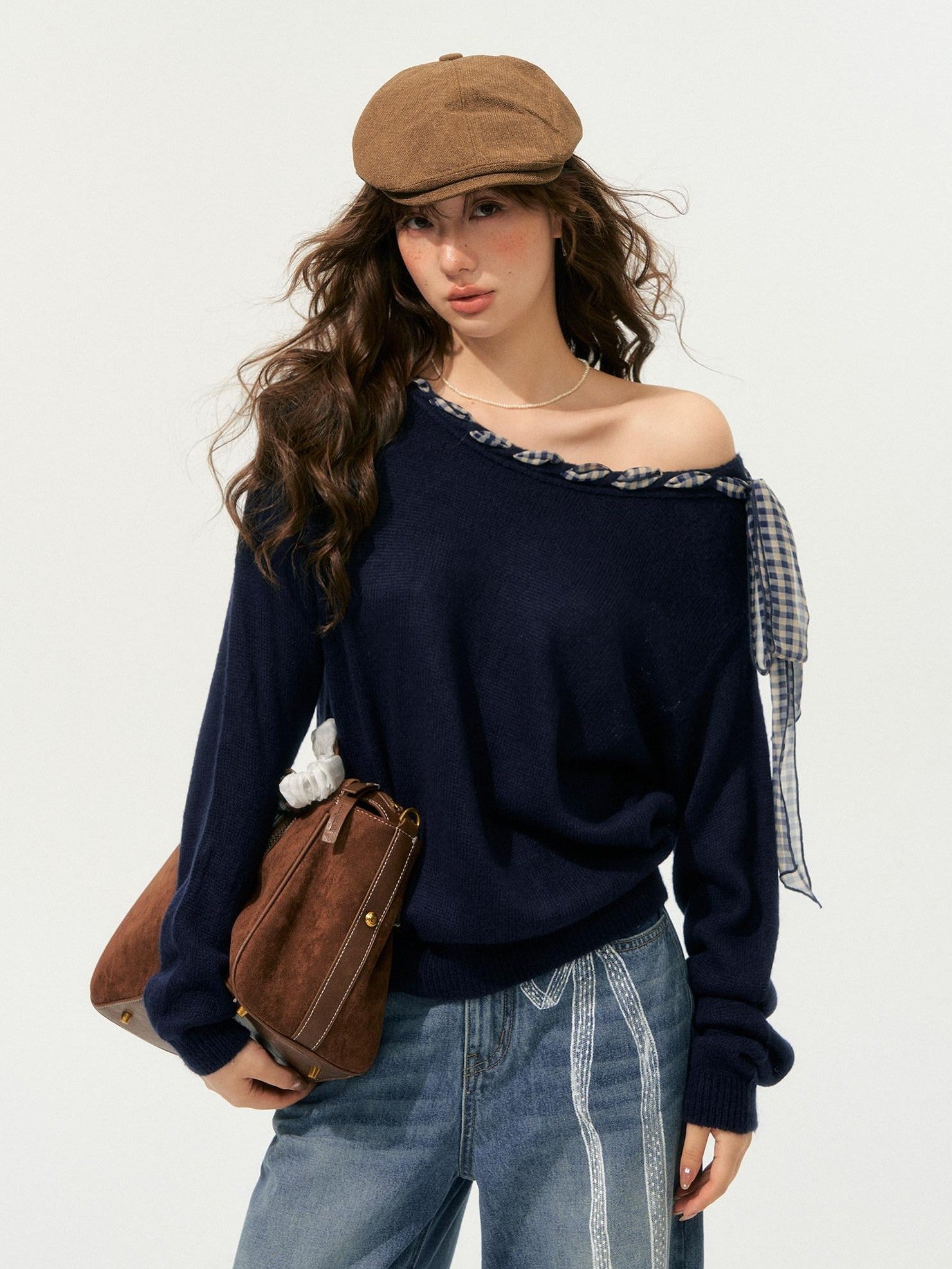 SOMESOWE Acrylic Plaid Drawstring Bow Casual Loose Fit Crew Neck Women Daily Sweaters